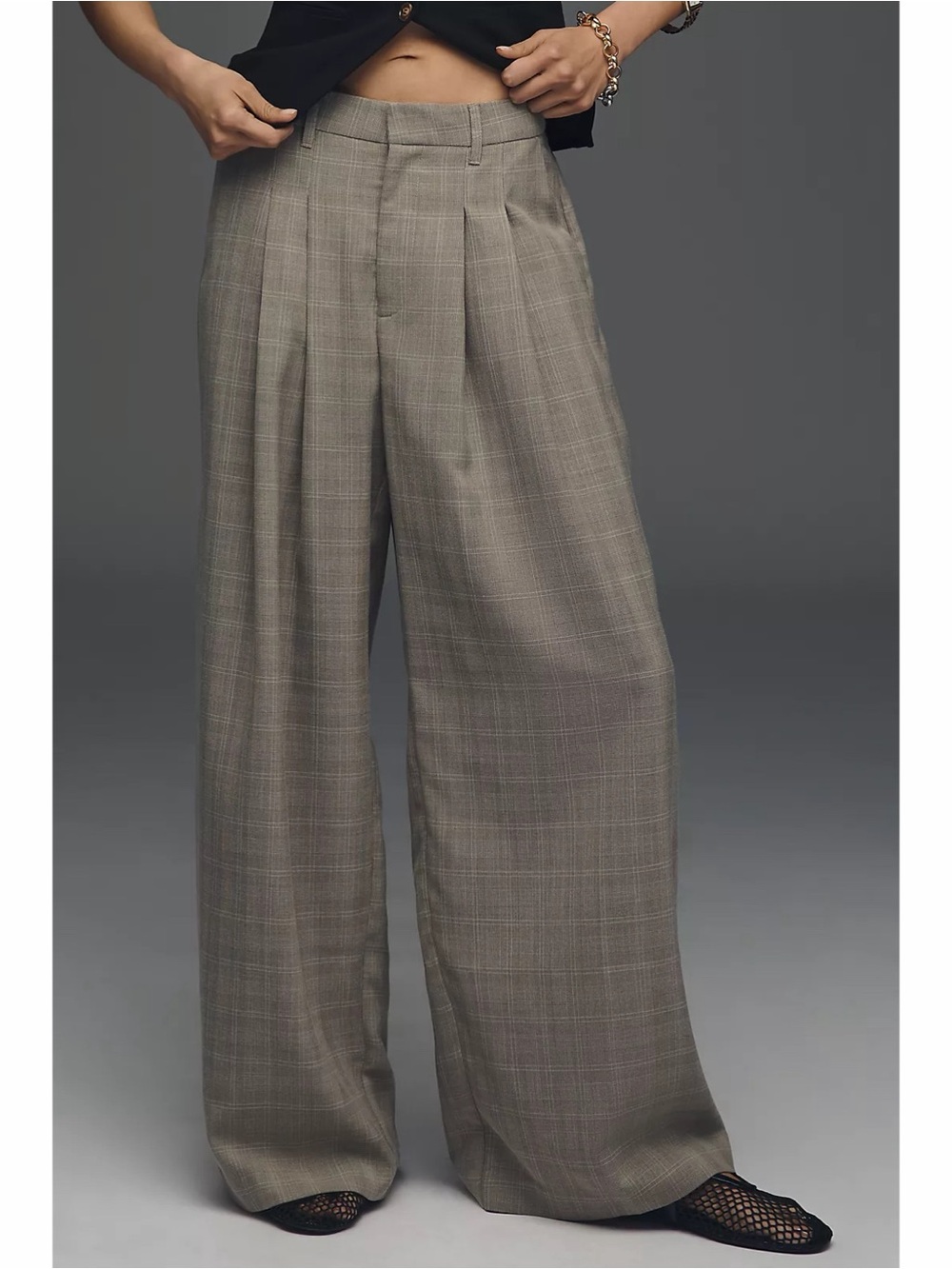 Anthropologie Maeve Avery Gray Plaid High Rise Wide Leg Trousers Size XL NWT